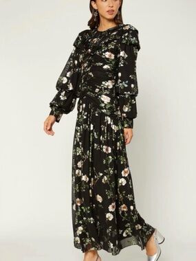 NWT Current Air Black Floral Mesh Dress with Green and Cream Blooms